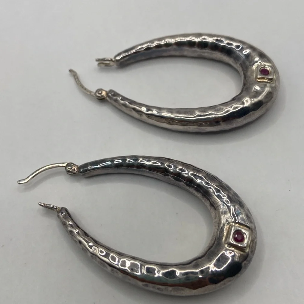 Elle Sterling Silver 925 Ruby Oval Hammered Earrings Pierced 1 3/4”L